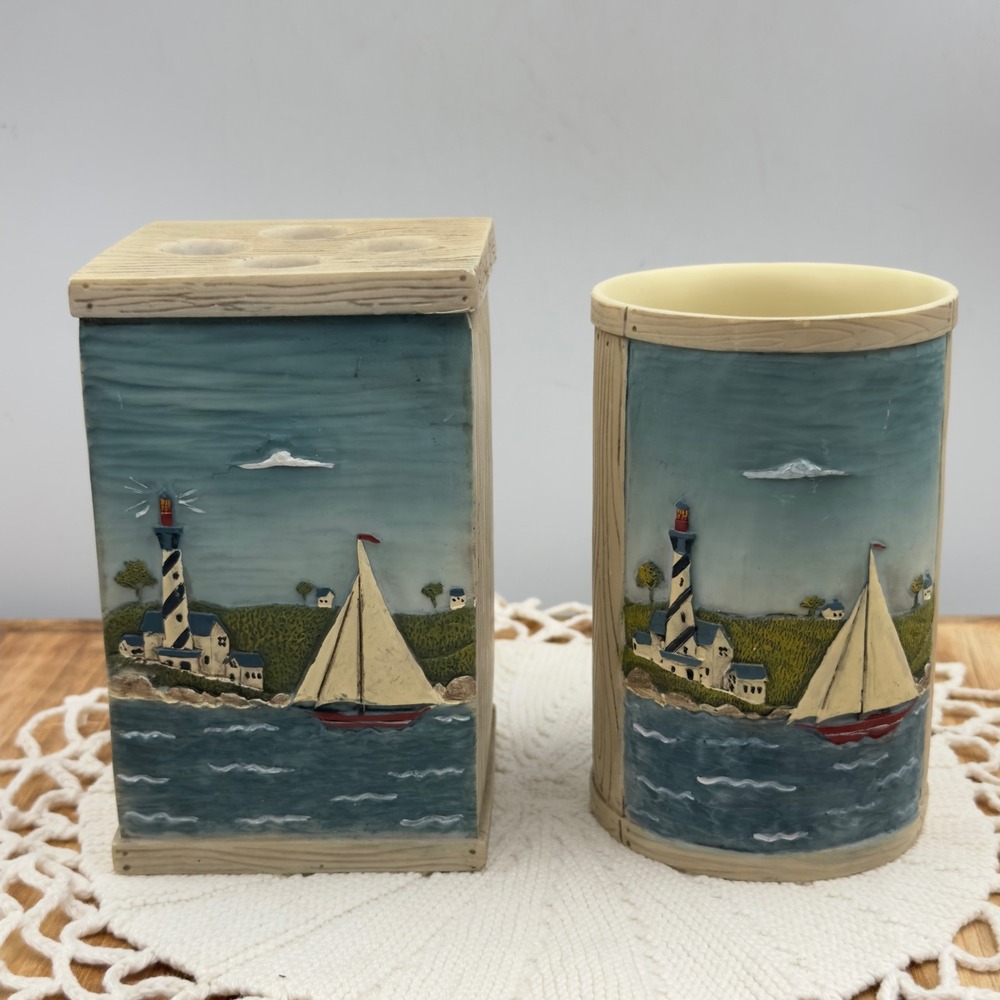 Warren Kimble Coastal Breeze Blue Lighthouse Sailboat Resin Bathroom Set Maritim